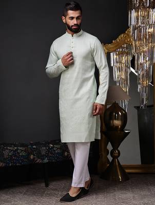 Mint green color graceful ethnic kurta payjama for men's festive looks 4