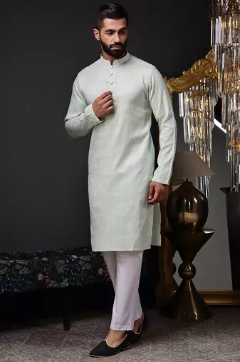 Mint green color graceful ethnic kurta payjama for men's festive looks