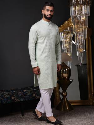 Mint green color graceful ethnic kurta payjama for men's festive looks 5