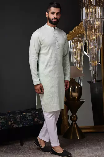 Mint green color graceful ethnic kurta payjama for men's festive looks