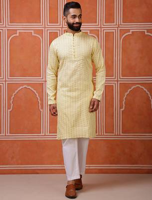 Yellow color graceful ethnic kurta payjama for men's festive looks 1