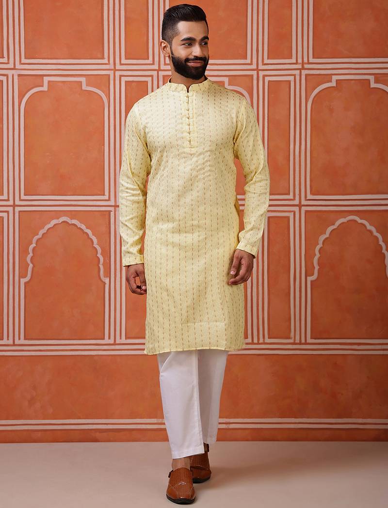 Yellow color graceful ethnic kurta payjama for men's festive looks