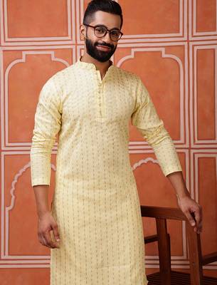 Yellow color graceful ethnic kurta payjama for men's festive looks 3