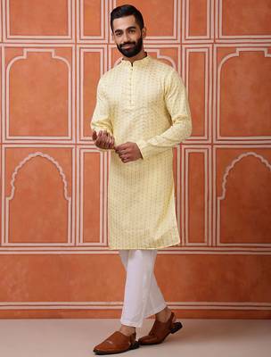 Yellow color graceful ethnic kurta payjama for men's festive looks 4