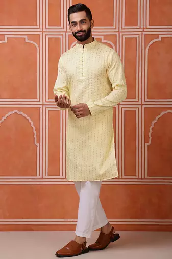 Yellow color graceful ethnic kurta payjama for men's festive looks