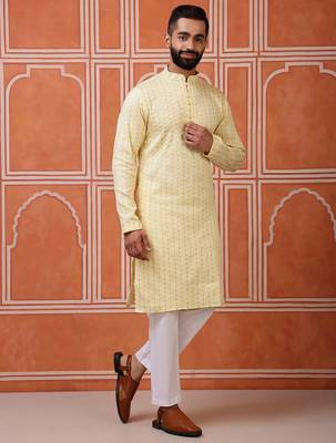Yellow color graceful ethnic kurta payjama for men's festive looks 5