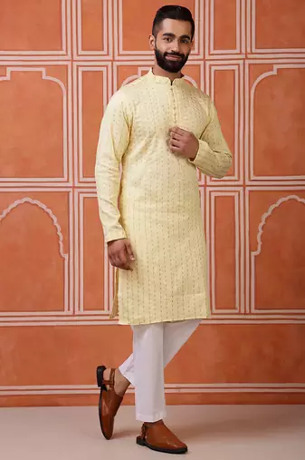 Yellow color graceful ethnic kurta payjama for men's festive looks