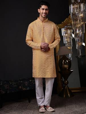 Orange color graceful ethnic kurta payjama for men's festive looks 1