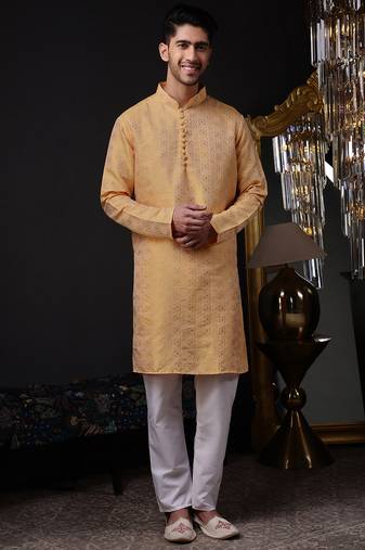 Orange color graceful ethnic kurta payjama for men's festive looks