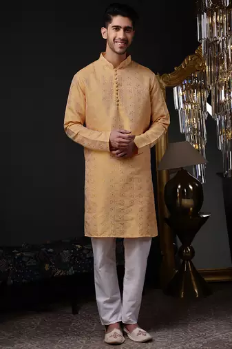 Orange color graceful ethnic kurta payjama for men's festive looks