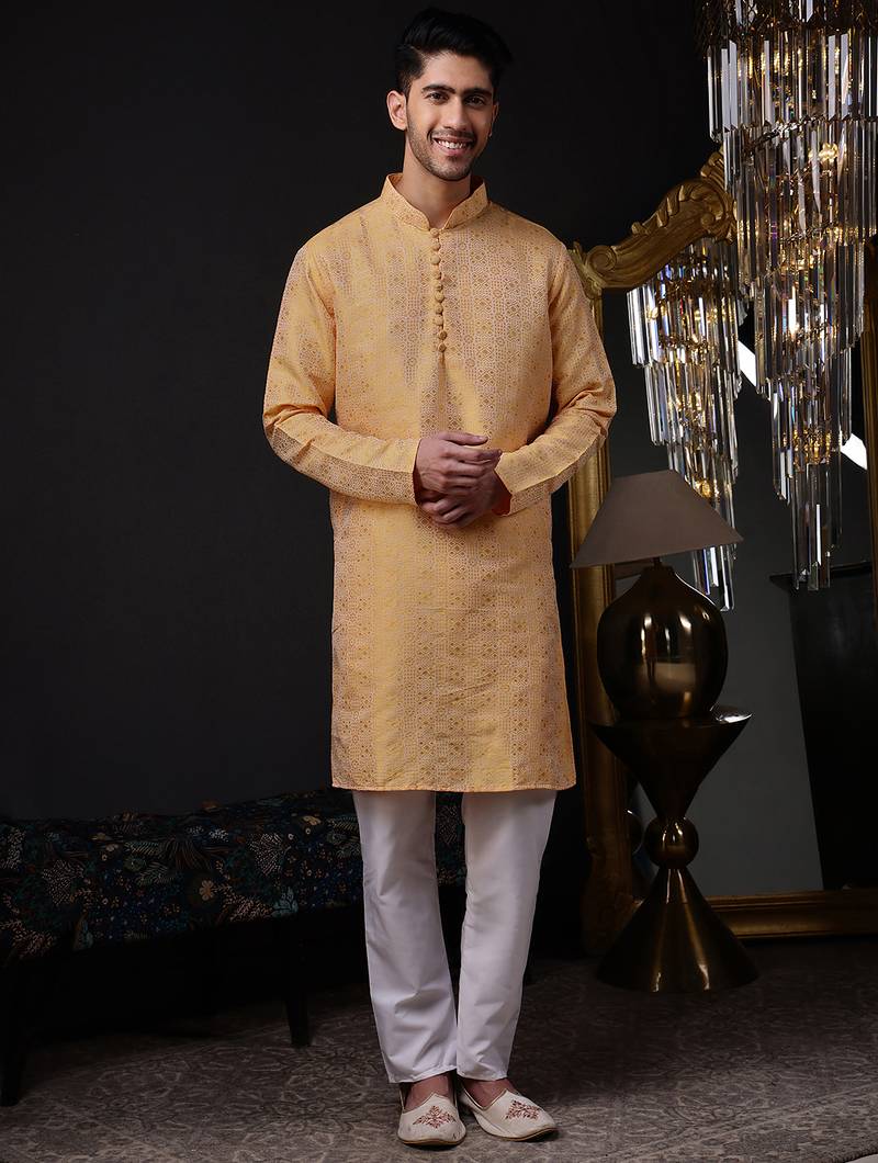 Orange color graceful ethnic kurta payjama for men's festive looks