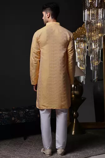 Orange color graceful ethnic kurta payjama for men's festive looks