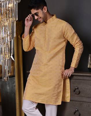 Orange color graceful ethnic kurta payjama for men's festive looks 3