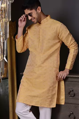 Orange color graceful ethnic kurta payjama for men's festive looks