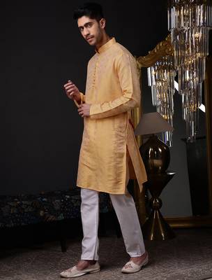 Orange color graceful ethnic kurta payjama for men's festive looks 4