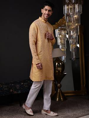Orange color graceful ethnic kurta payjama for men's festive looks 5
