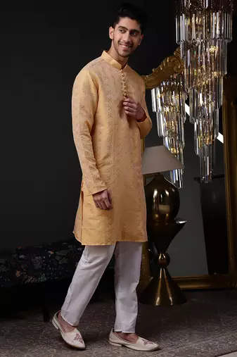 Orange color graceful ethnic kurta payjama for men's festive looks