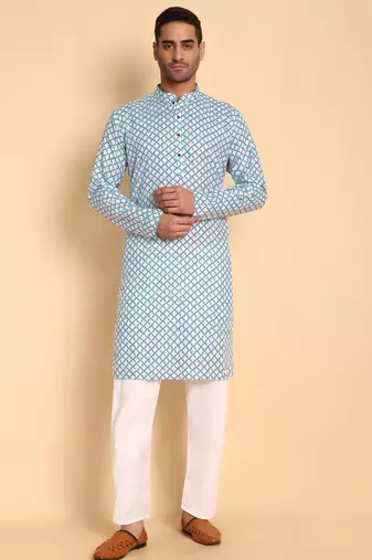 Blue color beautiful printed smart ceremonial kurta payjama