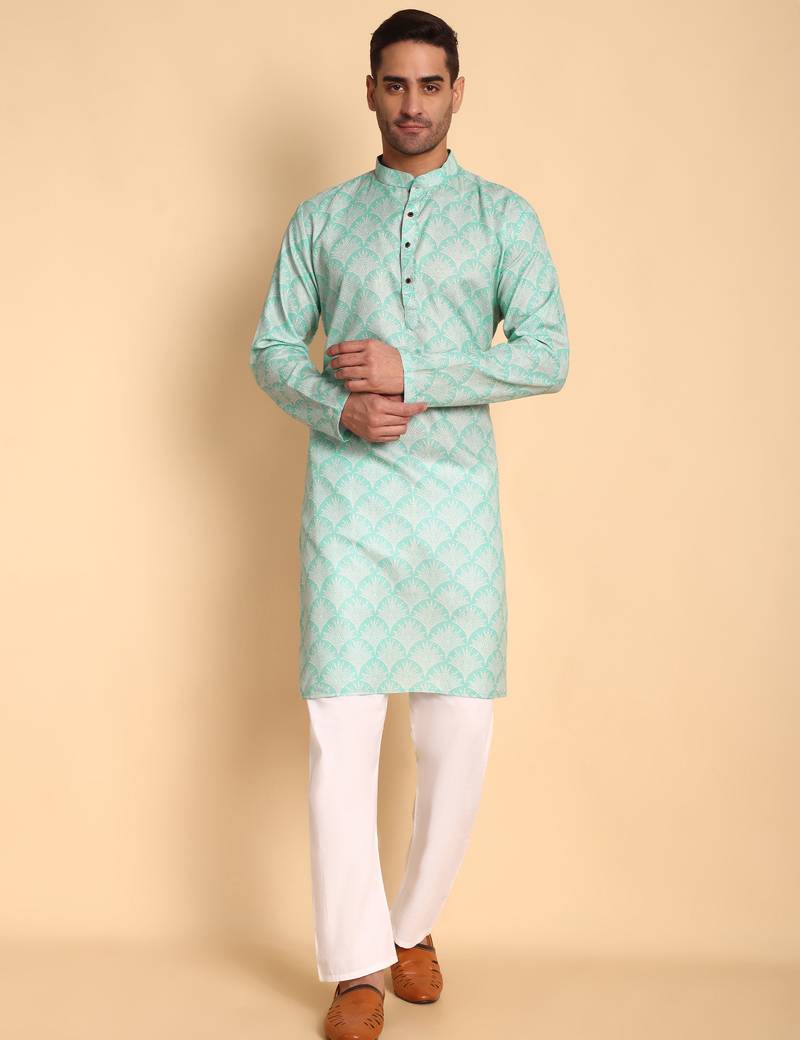 Green color beautiful printed smart ceremonial kurta payjama