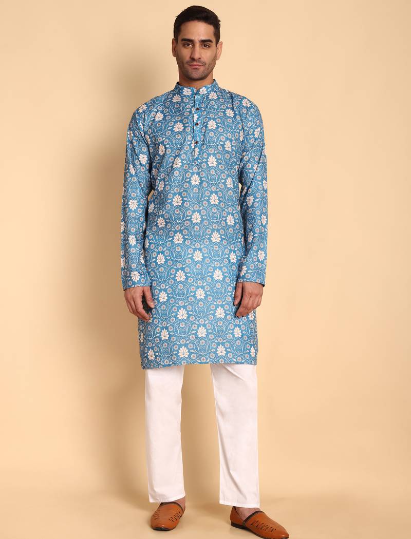 Blue color beautiful printed smart ceremonial kurta payjama
