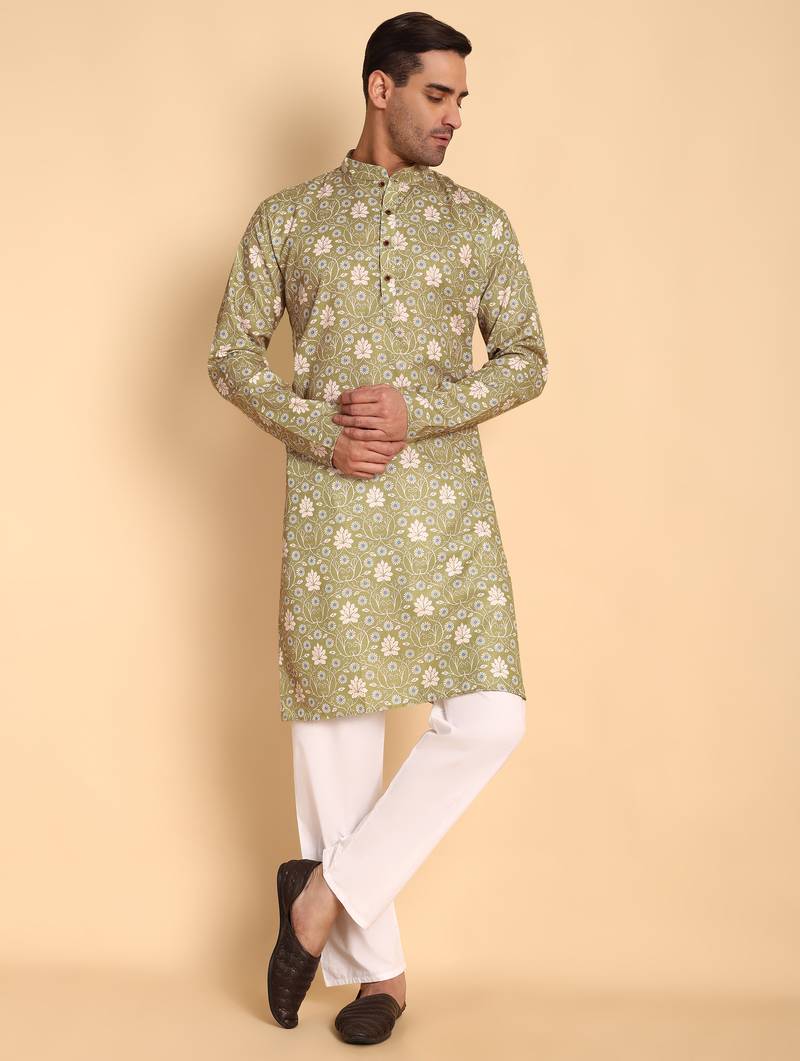 Green color beautiful printed smart ceremonial kurta payjama