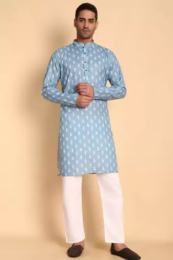 Blue color smart and ethnic designer printed kurta payjama for men's festive looks