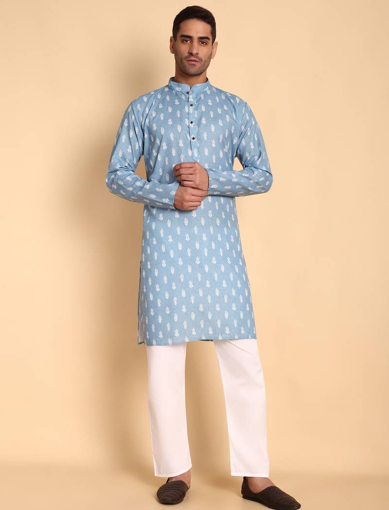 Blue color smart and ethnic designer printed kurta payjama for men's festive looks