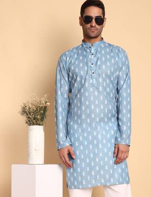 Blue color smart and ethnic designer printed kurta payjama for men's festive looks 3