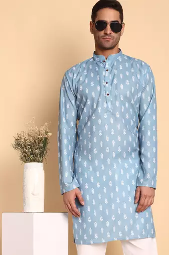 Blue color smart and ethnic designer printed kurta payjama for men's festive looks