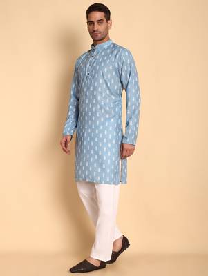 Blue color smart and ethnic designer printed kurta payjama for men's festive looks 4