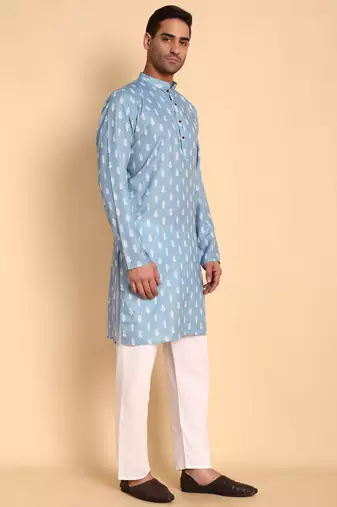 Blue color smart and ethnic designer printed kurta payjama for men's festive looks