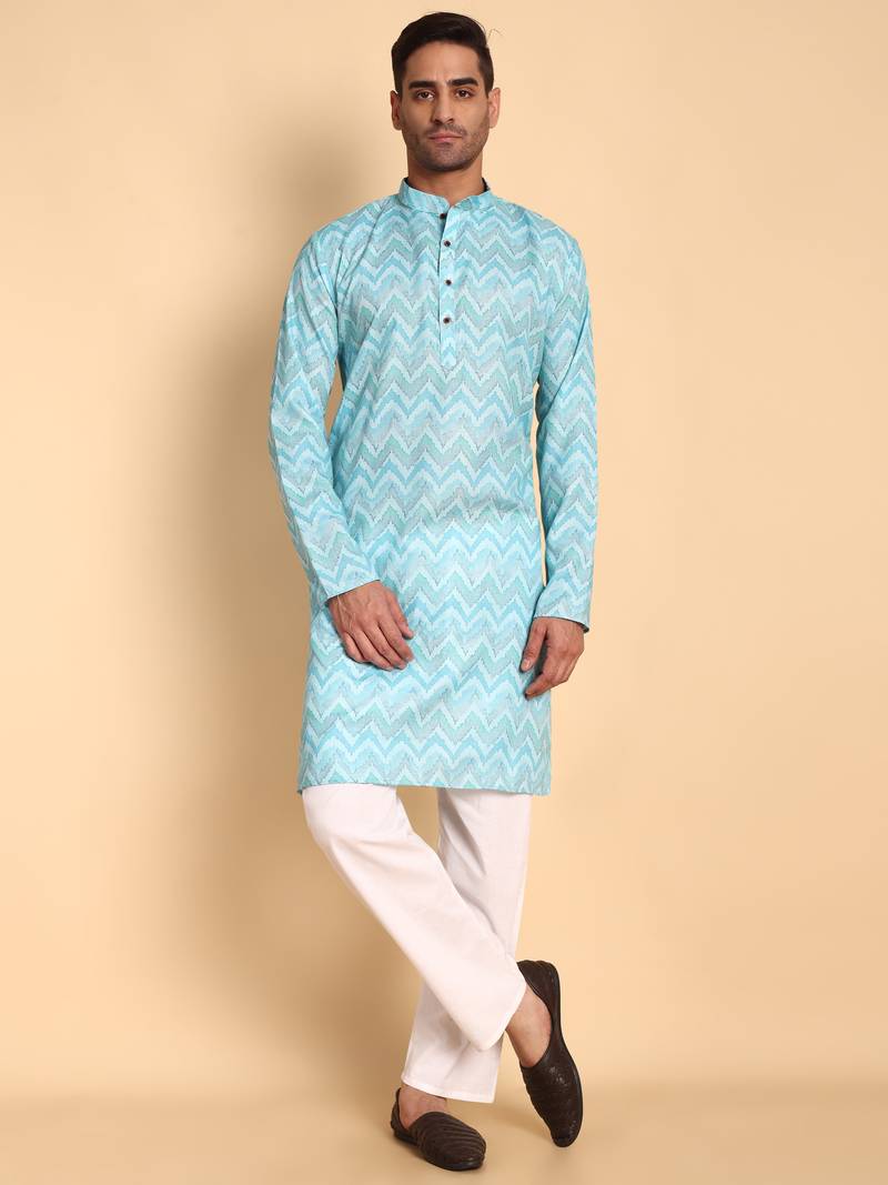 Blue color smart and ethnic designer printed kurta payjama for men's festive looks