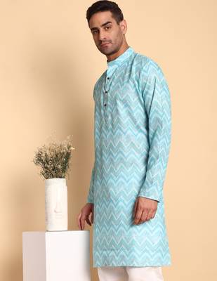 Blue color smart and ethnic designer printed kurta payjama for men's festive looks 3