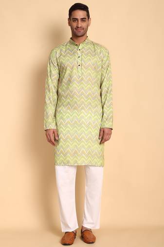 Green color smart and ethnic designer printed kurta payjama for men's festive looks
