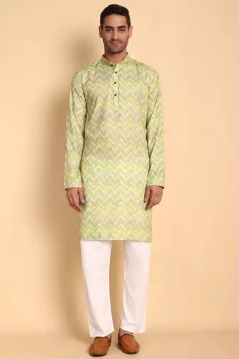 Green color smart and ethnic designer printed kurta payjama for men's festive looks