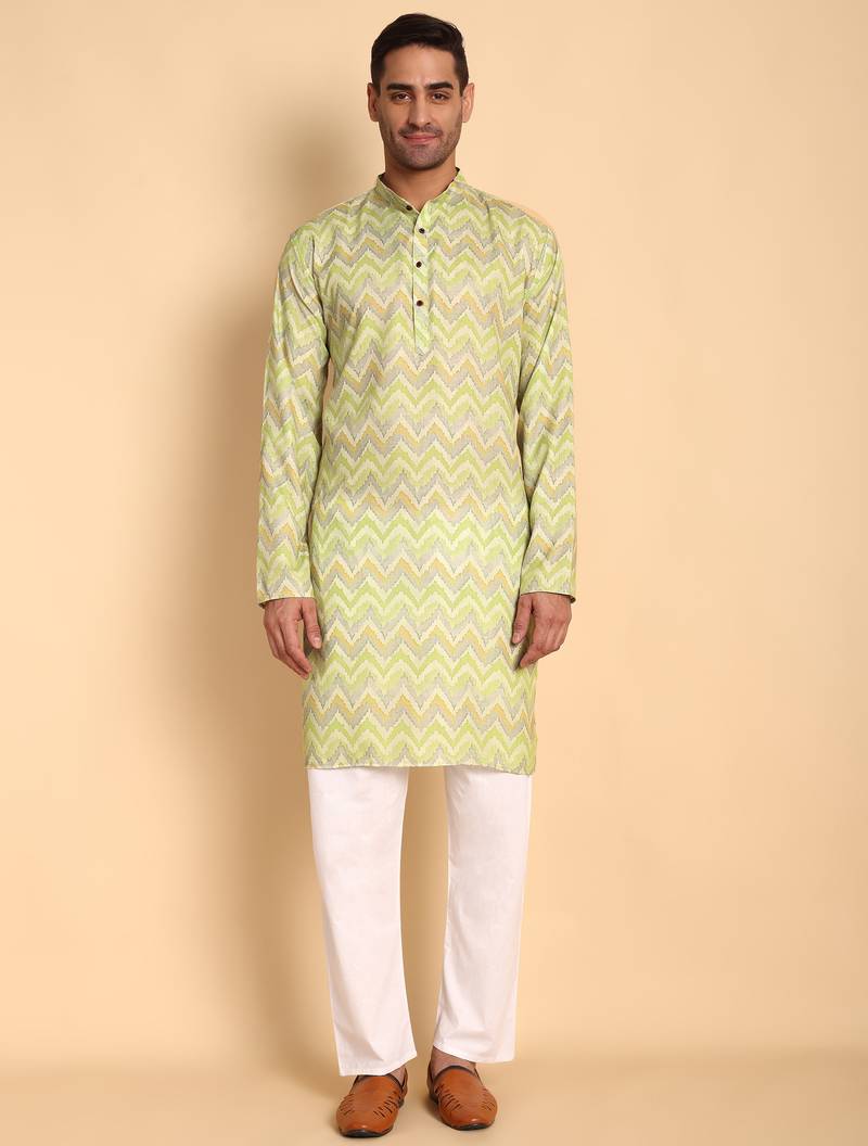 Green color smart and ethnic designer printed kurta payjama for men's festive looks
