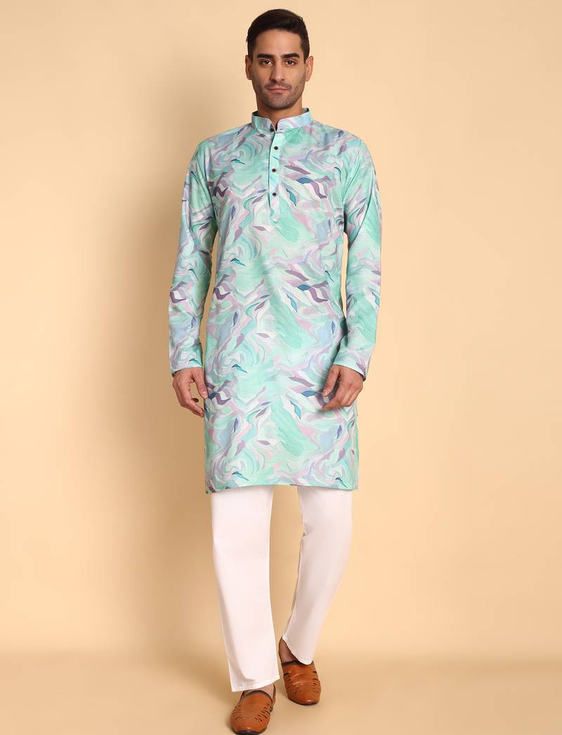 Blue color smart and ethnic designer printed kurta payjama for men's festive looks