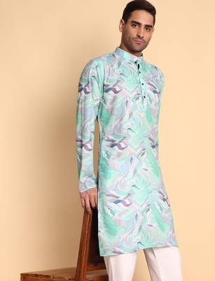 Blue color smart and ethnic designer printed kurta payjama for men's festive looks 3