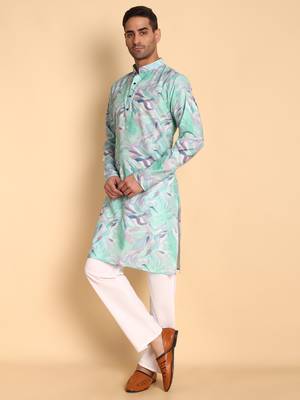 Blue color smart and ethnic designer printed kurta payjama for men's festive looks 4
