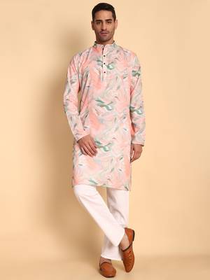 Pink color smart and ethnic designer printed kurta payjama for men's festive looks 1