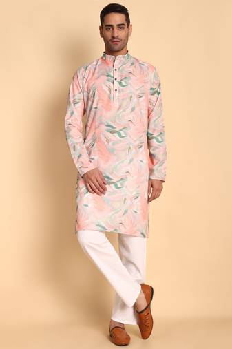 Pink color smart and ethnic designer printed kurta payjama for men's festive looks