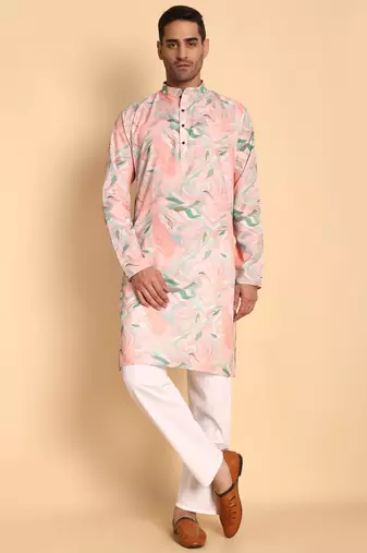 Pink color smart and ethnic designer printed kurta payjama for men's festive looks