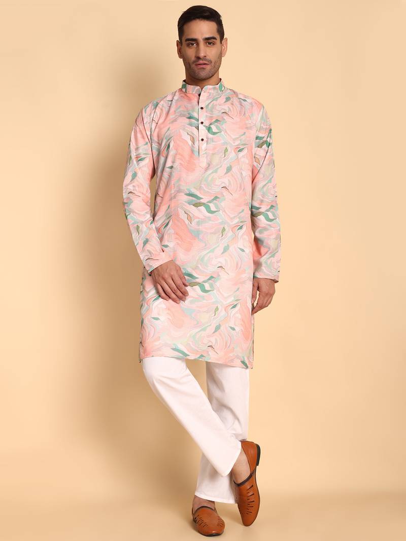 Pink color smart and ethnic designer printed kurta payjama for men's festive looks