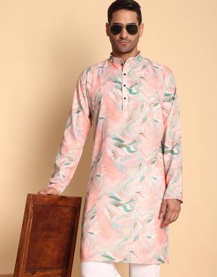 Pink color smart and ethnic designer printed kurta payjama for men's festive looks 3