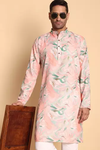 Pink color smart and ethnic designer printed kurta payjama for men's festive looks