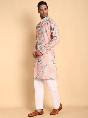 Pink color smart and ethnic designer printed kurta payjama for men's festive looks 4