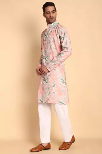 Pink color smart and ethnic designer printed kurta payjama for men's festive looks
