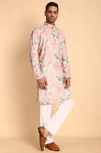 Pink color smart and ethnic designer printed kurta payjama for men's festive looks