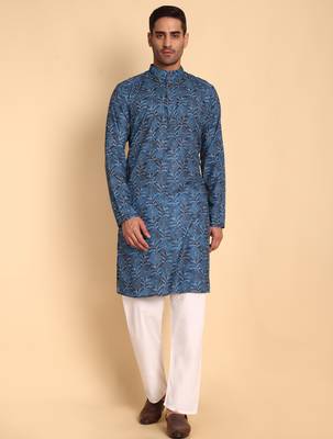 Blue color smart and ethnic designer printed kurta payjama for men's festive looks 1