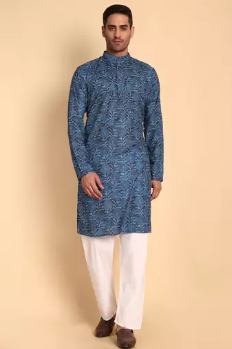 Blue color smart and ethnic designer printed kurta payjama for men's festive looks